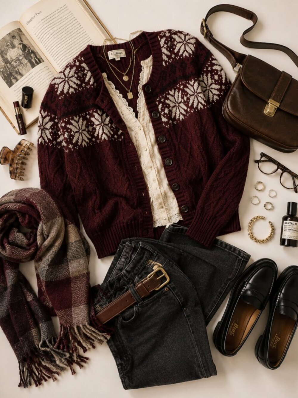Natural Reflections Wool Blend Maroon Snowflake button front cardigan L